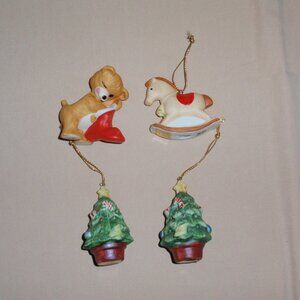 Vintage Homco Ornaments Set of 4 Christmas Porcelain Tree Rocking Horse Bear 80s